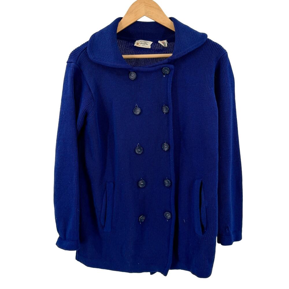 Vintage 70s Sweater Bee Navy Blue Double-Breasted Shawl Collar Cardigan